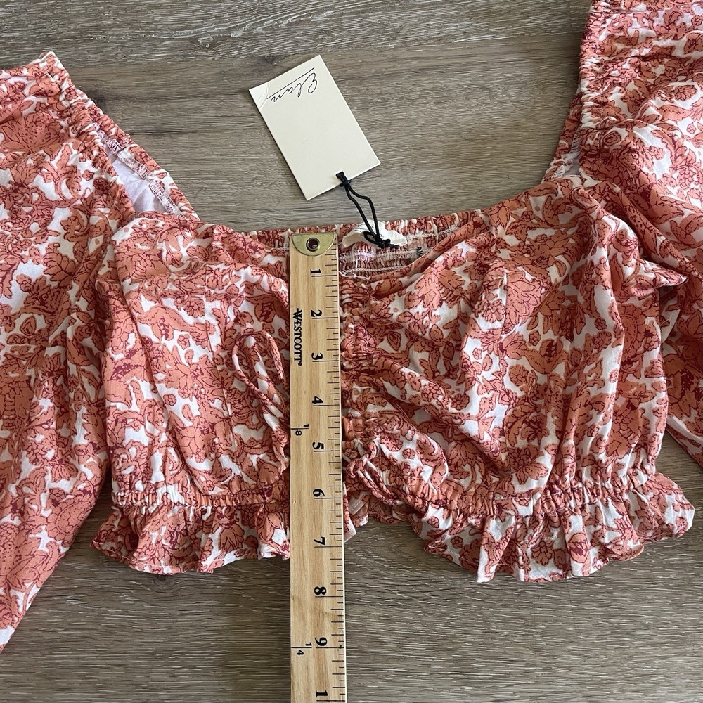 Elan Puff Sleeve Crop Top Medium Salmon Cinched Smocking Tie Front Blouse NWT - Picture 8 of 10